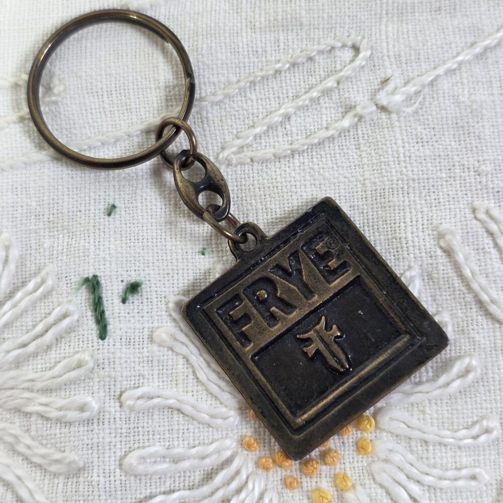 Frye Logo Metal Keychain Key Ring Bronze Tone Square Western Leather Brand